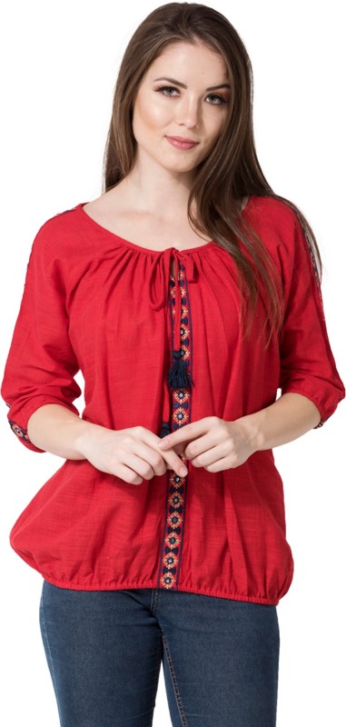 AANIA Casual 3/4 Sleeve Embroidered Women Red Top