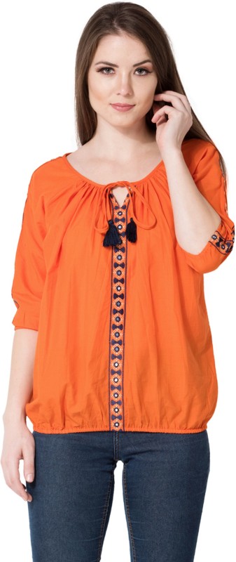 AANIA Casual 3/4 Sleeve Embroidered Women Orange Top
