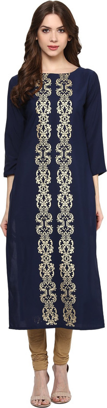 Ziyaa Women Floral Print Straight Kurta(Blue)