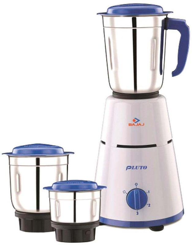 Bajaj Pluto 500 W Mixer Grinder(White, Blue, 3 Jars)