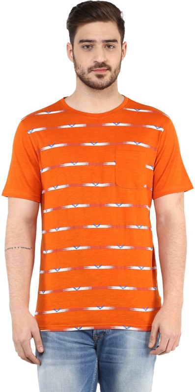Urban Eagle by Pantaloons Striped Men Round Neck Orange T-Shirt