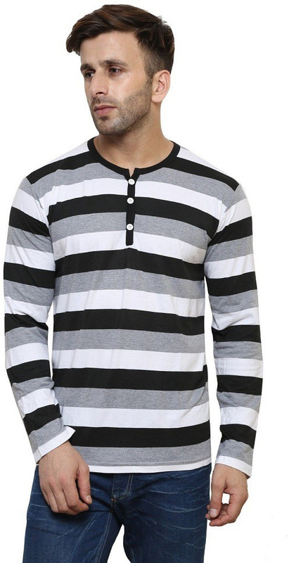 Leana Striped Men Round Neck Black, Grey T-Shirt