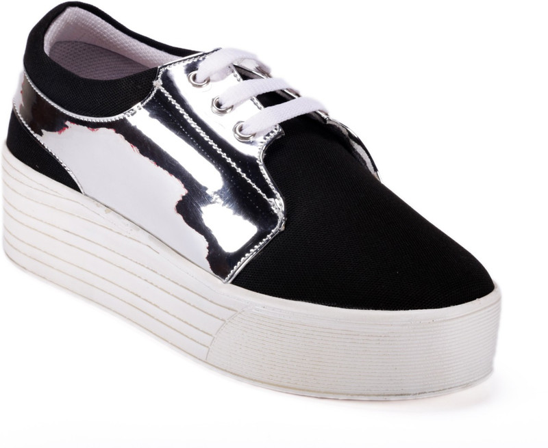 Bella Toes Women's Black Silver Synthetic Leather Sneakers Shoes Sneakers For Women(Black)