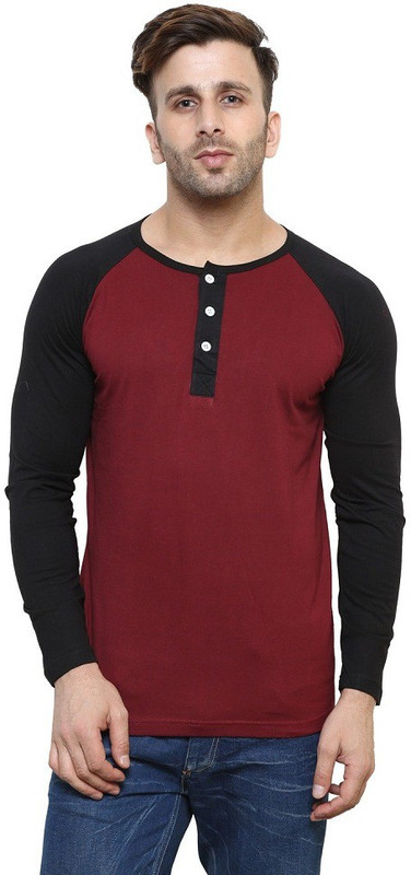 Leana Solid Men Round Neck Maroon, Black T-Shirt