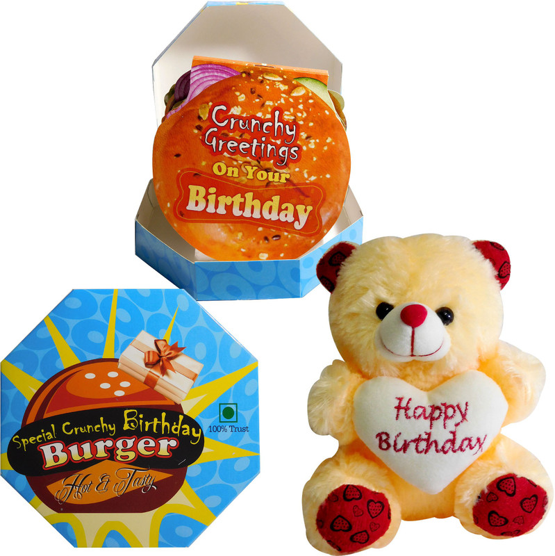 Siddhi Gifts Birthday Gifts - Happy Birthday Burger Shape Greeting Card With Soft Teddy(Set of 1)