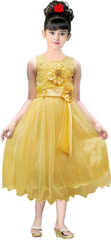 AD & AV Girls Midi/Knee Length Party Dress(Yellow, Sleeveless)