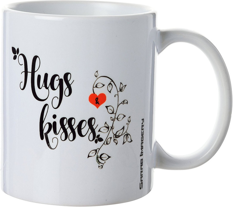 khappi Sarab Imagery Ceramic Hugs and Kisses Coffee, 330 ml, 1 Piece, White Ceramic Mug(300 ml)
