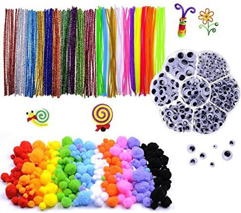 besttoyhome 1000 Pcs Craft Pipe Cleaners Glitter Chenille Stems Bundle Including 200 Pipe Cleaners, 200 Pom Poms, 600 Wiggle Eyes In