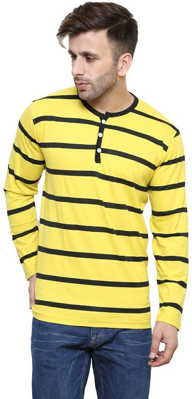 Leana Striped Men Henley Yellow, Black T-Shirt