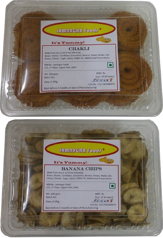 Jamnagar Foods CHAKLI 500 GM & BANANA CHIPS 400GM Combo(CHAKLI 500 GM - BANANA CHIPS 400 GM)