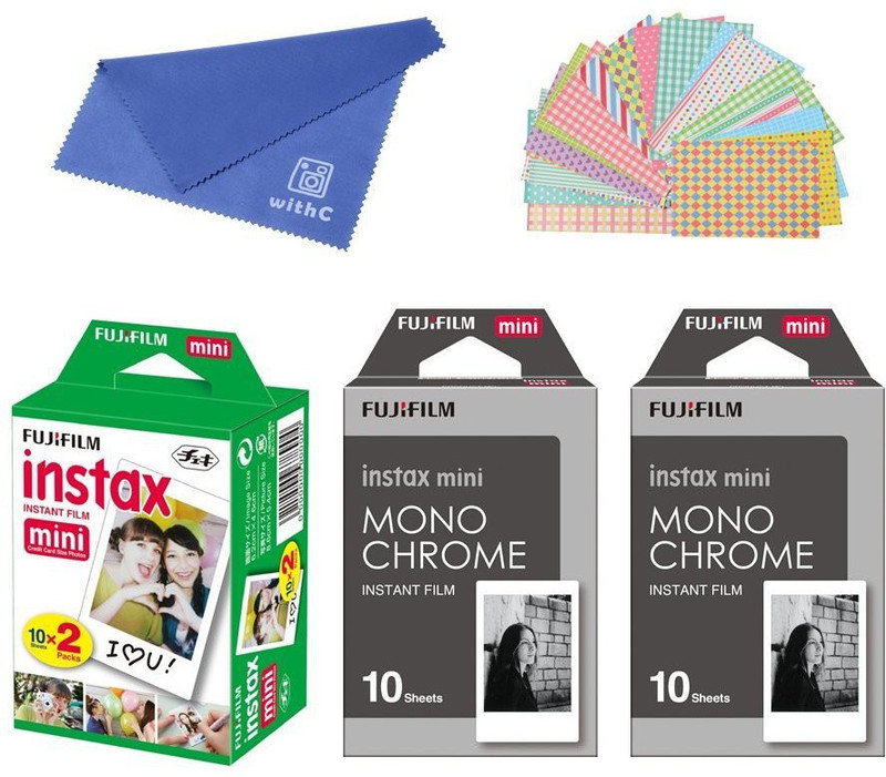 Fujifilm Instax Twin Pack ( 20 ) + 2-SET Monochrome ( 20 ) + Cleaning Cloth + Stickers 20 pcs Film Roll(Yes 800 ISO Pack of 4)