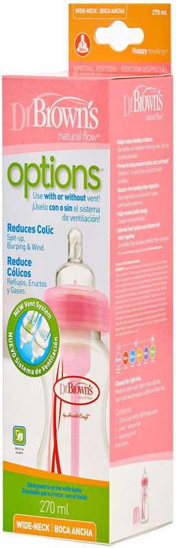 Dr Brown Natural Flow Options Wide Neck BPA Free Feeding Bottle With Included Straw Brush - 270 ml(Pink)