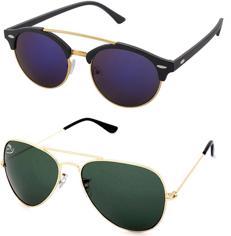 Aventus Round, Aviator Sunglasses(Blue, Green)