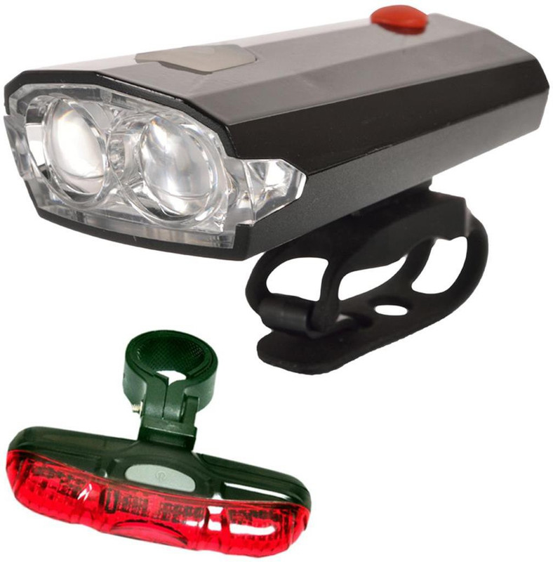 Dark Horse Bicycle Imported CE Standard USB Rechargeable 4 Mode LED Front Light & Horn (2 in 1 feature) & 5 LED 5 Mode Tail Light Battery Combo/ Set LED Front Rear Light Combo(Black, Red)