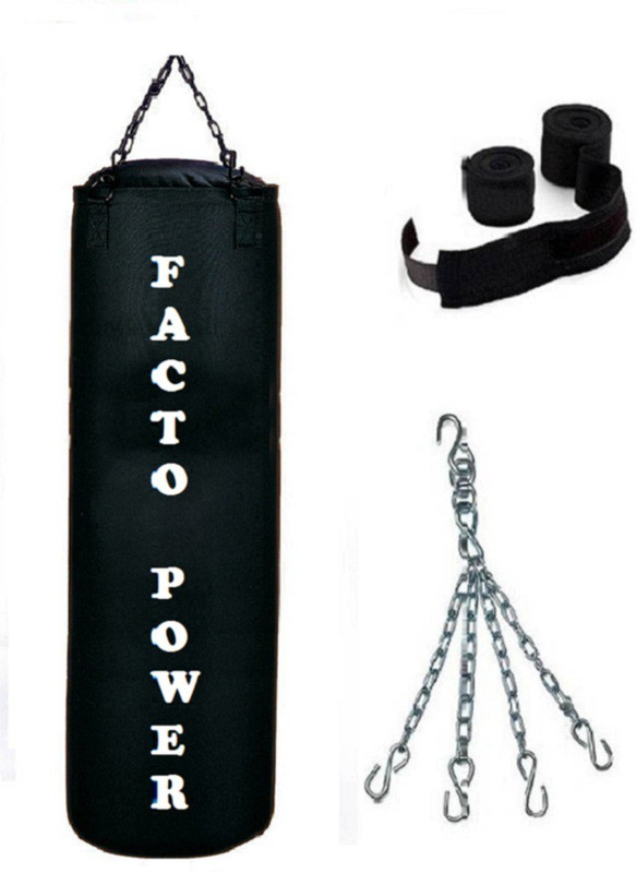 FACTO POWER 3.5 Feet Long, CANVAS Material, BLACK Color, Unfilled with Chain & 9 Feet Long Black Color Hand Wraps Pair Hanging Bag(3.5, 42 kg)