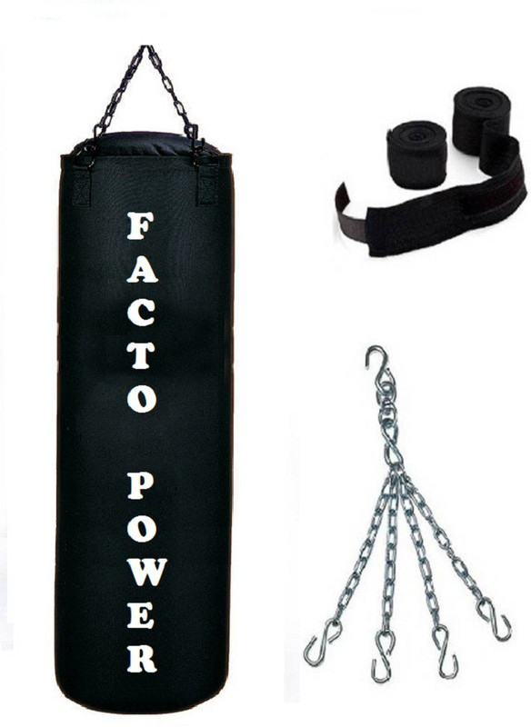 FACTO POWER 2.0 Feet Long, CANVAS Material, BLACK Color, Unfilled with Chain & 9 Feet Long Black Color Hand Wraps Pair Hanging Bag(2, 24 kg)
