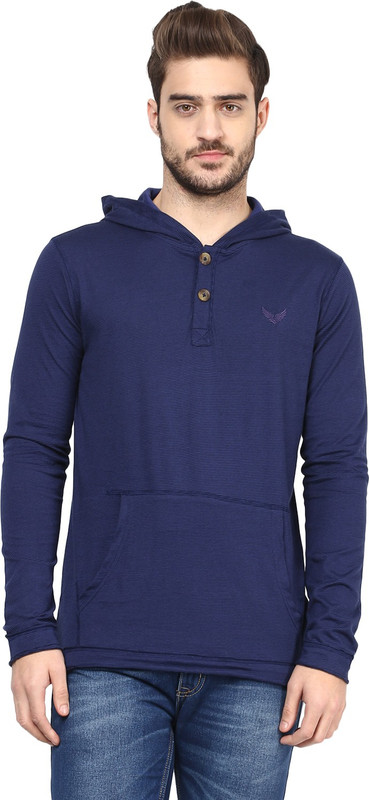 Urban Eagle by Pantaloons Solid Men Hooded Dark Blue T-Shirt