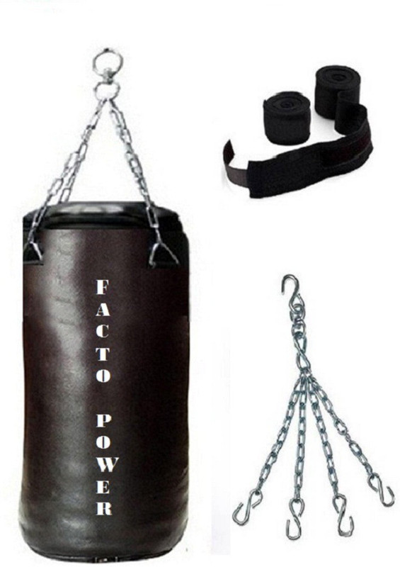 FACTO POWER 3.0 Feet Long, SRF - STANDARD Material, BLACK Color, Unfilled with Chain & 9 Feet Long Black Color Hand Wraps Pair Boxing Kit