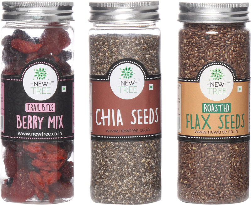 New Tree Trail Bites Berry Mix, Chia Seeds, Roasted Flax Seeds Set of 3 Assorted Nuts(520 g, Plastic Bottle)