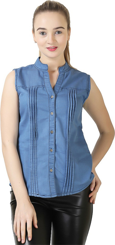 ela collection Casual Sleeveless Solid Women Light Blue Top