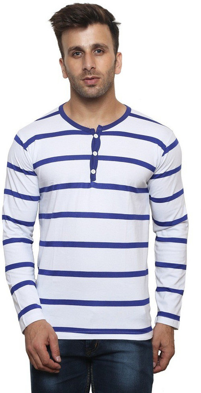 Leana Striped Men Round Neck Dark Blue, White T-Shirt