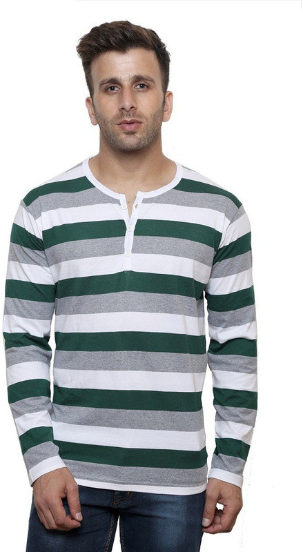 Leana Striped Men Henley Green, White T-Shirt