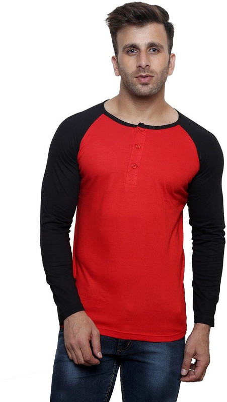 Leana Solid Men Henley Red, Black T-Shirt