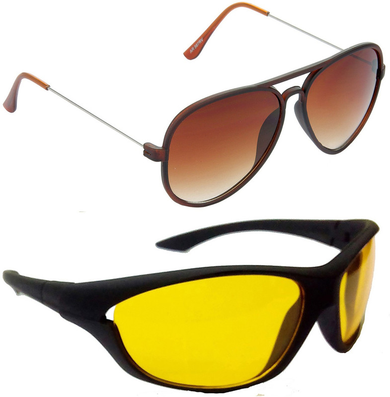 Hrinkar Aviator Sunglasses(Brown, Yellow)