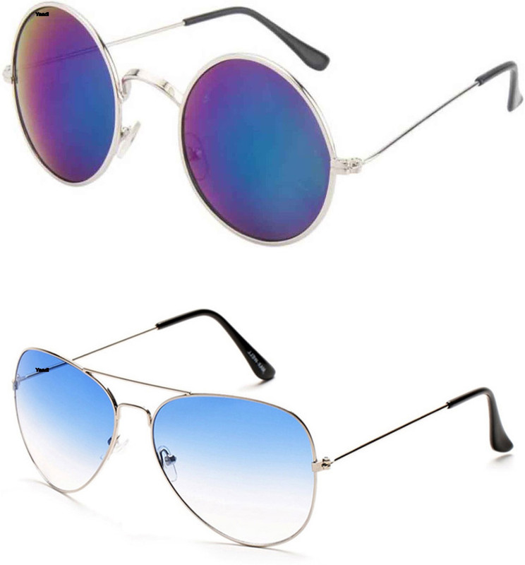 Yaadi Round, Aviator Sunglasses(Silver, Blue)