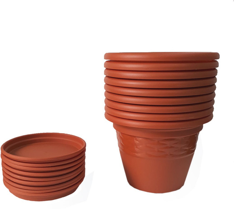 siti plast 10 inch Heavy Duty Plastic Garden Planters With Bottom Tray (Pack of 9 ) Plant Container(Plastic, External Height - 19 cm)
