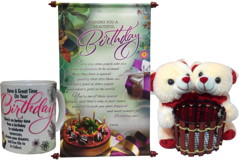 Saugat Traders Birthday Gift Combo - Couple Pen Stand Teddy With Birthday Scroll Card & Coffee Mug(Set of 3)