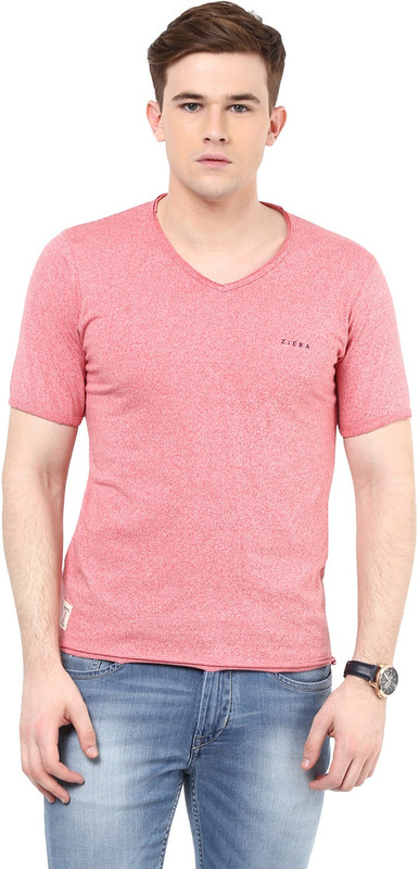 Ziera Solid Men V-neck Pink T-Shirt