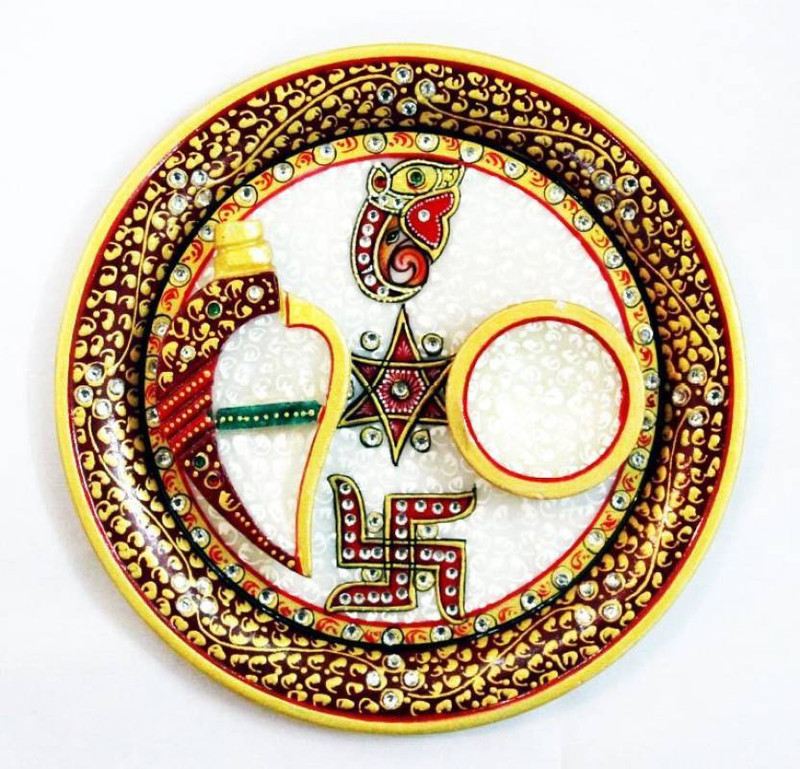 ajmera sales MARBLE POOJA THALI 6 INCHES Marble(1 Pieces, Multicolor)