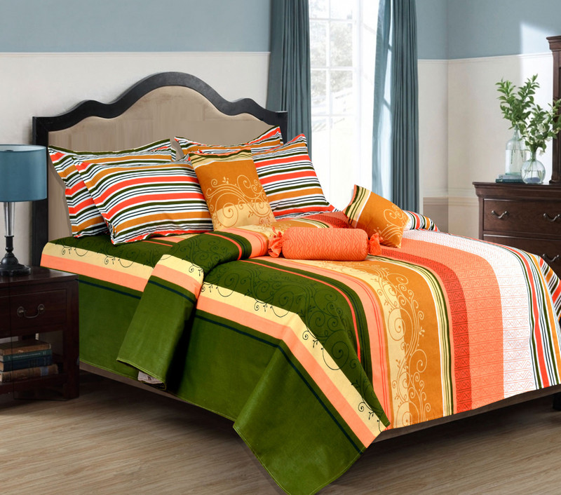 Salona Bichona 104 TC Cotton Double Striped Bedsheet(1 Double Bedsheet, 2 Pillow covers, Orange)