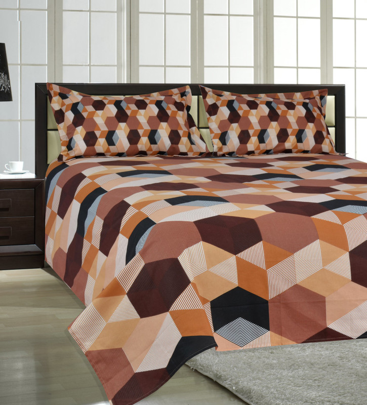 Salona Bichona 104 TC Cotton Double Abstract Bedsheet(1 Double Bedsheet, 2 Pillow covers, Brown)