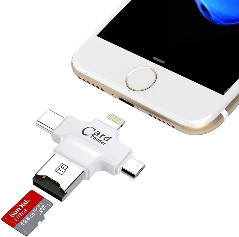 SEC 4 in 1 OTG 8 Pin Lightning + Type C + Micro USB,Micro SD Card Reader 4 Ports-for Iphone, Ipad, Micro USB, SDHC lightning flash Drive Card Reader(Multicolor)