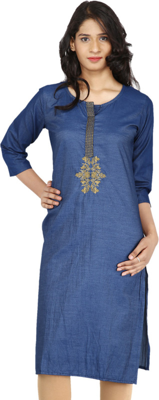 kurtihub Women Embroidered Straight Kurta(Dark Blue)
