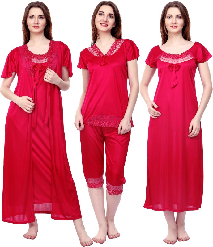 Rowena Women Nighty with Robe(Pink)