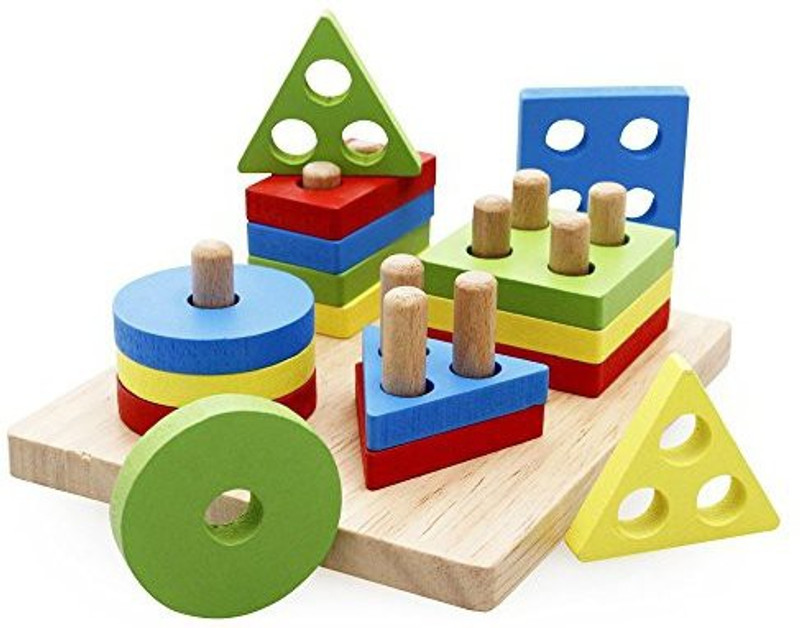 rolimate Wooden Educational Preschool Shape Color Recognition Geometric Board Block Stack Sort Chunky Puzzle Toys(Red)