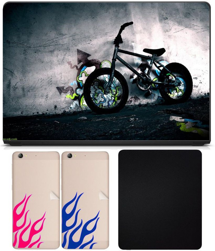 FineArts 4in1 Premium Quality, HD, UV Printed, Laminated, Protected, Bubble Free, Scratchproof, Washable, Easy to Install Laptop Skin/Sticker/Vinyl/Cover for 13.1, 13.3, 14.1, 14.4, 15.1, 15.6 inches (bicycle art) on 3M Vinyl with Mouse Pad and Two Piece Fire Decal for Your Mobile Combo Set