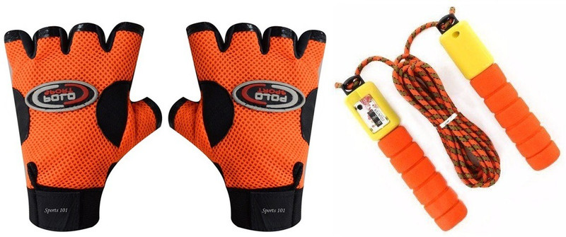 Sports 101 Power VIII Leather Workout Gloves & Skipping Rope with Counter Gym & Fitness Kit