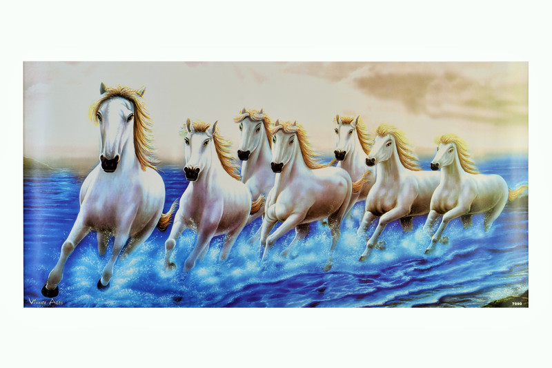 Beautiful Painting Print Of 7 Vastu Running Horses Unframed Texture Poster (20 X 40 Inches) Paper Print(20 inch X 40 inch, Rolling)