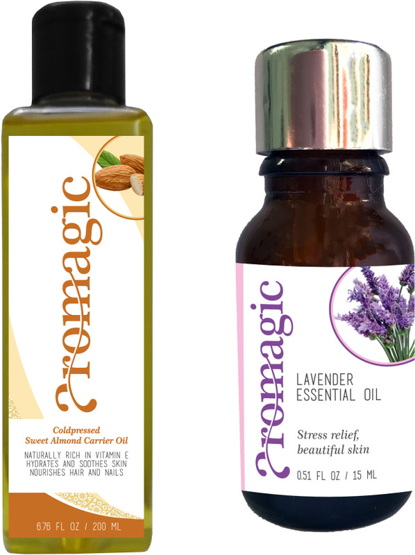 aromagic Pure Sweet Almond Carrier Oil+ Pure Lavender Essential Oil- Radiant Glowing Skin Combo (100% Pure and Natural Cold Pressed)(215 ml)
