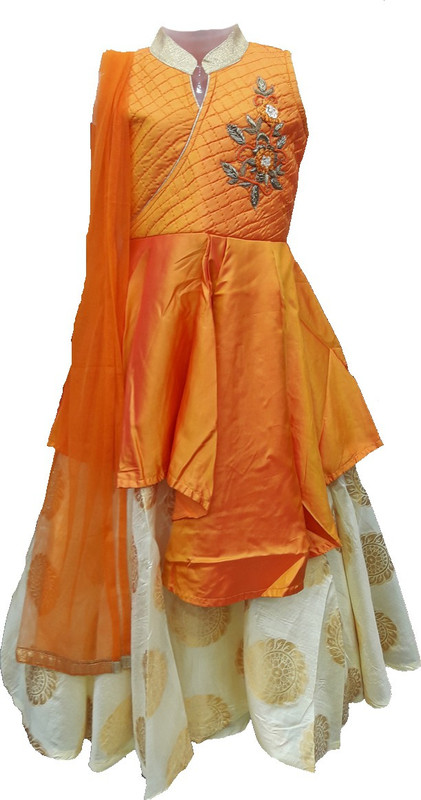 POGO Girls Lehenga Choli Ethnic Wear Self Design Lehenga, Choli and Dupatta Set(Orange, Pack of 1)