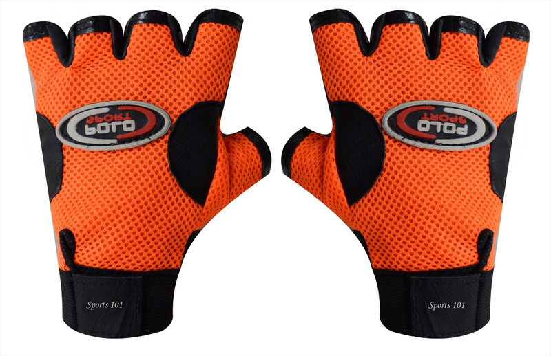 Sports 101 Polo Fit Weight Lifting/Bike/Cycling Leather & Net Gym & Fitness Gloves (Free Size, Orange)