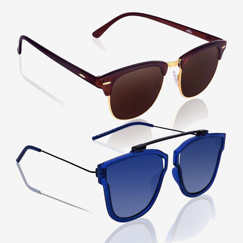 Knotyy Clubmaster, Retro Square Sunglasses(Brown, Blue)