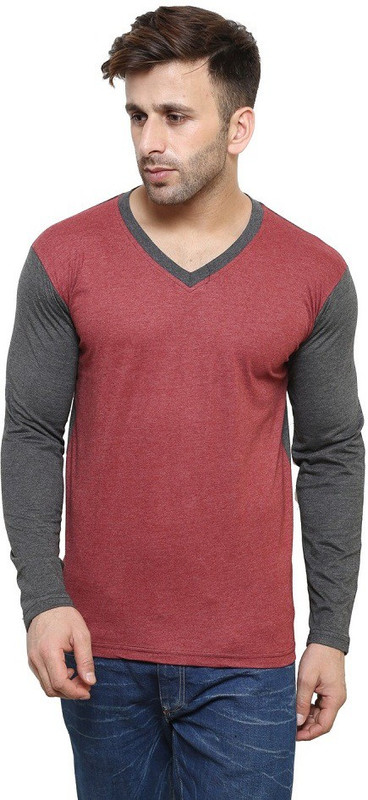 Leana Color block Men V-Neck Red, Grey T-Shirt