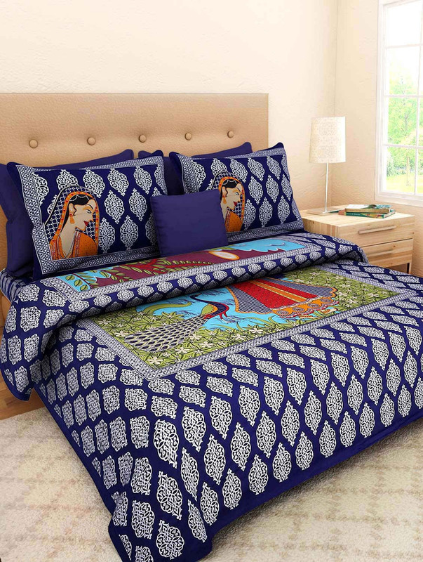 NAIWAL FASHION Cotton Double Flat 130 TC Printed 1 Bedsheet with 2 Pillow Covers(Blue)