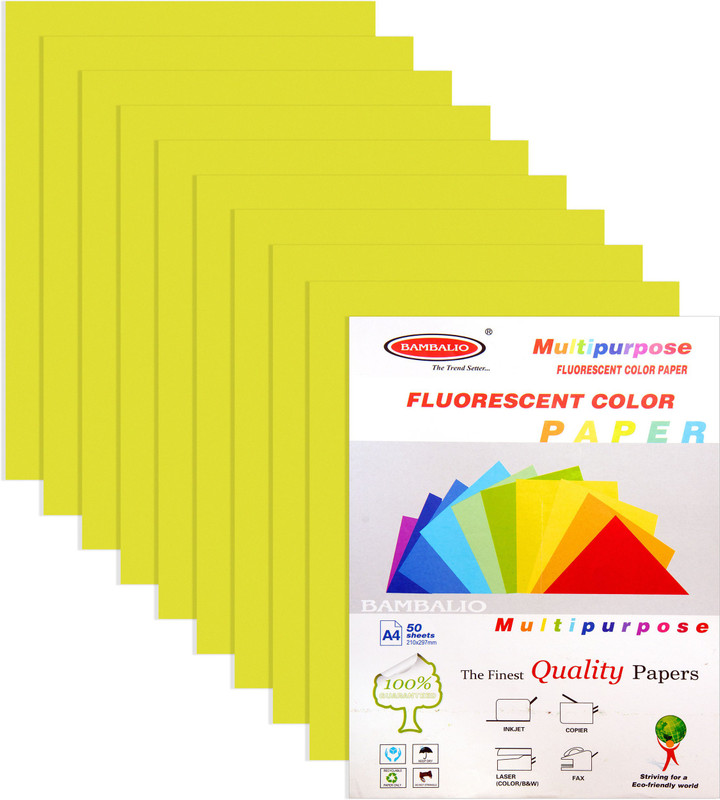 bambalio Fluorescent Colour Paper Pack of 200 Sheets Smooth Finish 80 gsm/ A4 Size: Fluorescent Yellow Color - Photo Copy/ Copier/ Printing /Art & Craft Coloured Paper(Set of 4, Fluorescent Yellow)