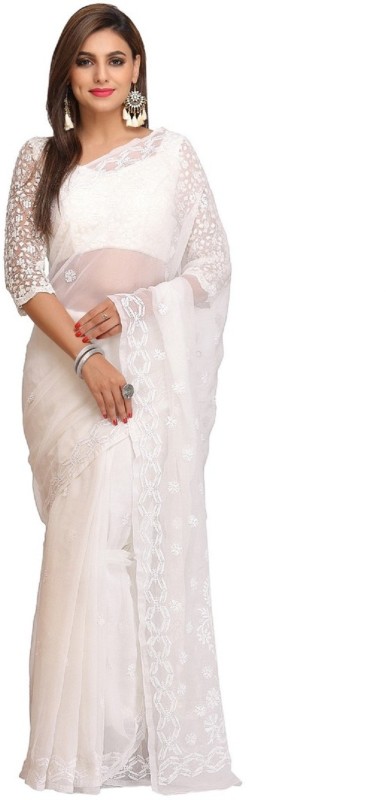 Ada Embroidered Lucknow Chikankari Handloom Georgette Saree(White)